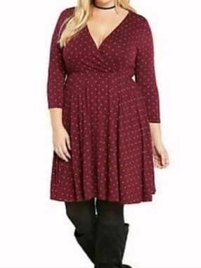 TORRID Wine Red & Yellow Dot Jersey Fit-and-Flare Faux Wrap Dress SIZE 1 / 1X